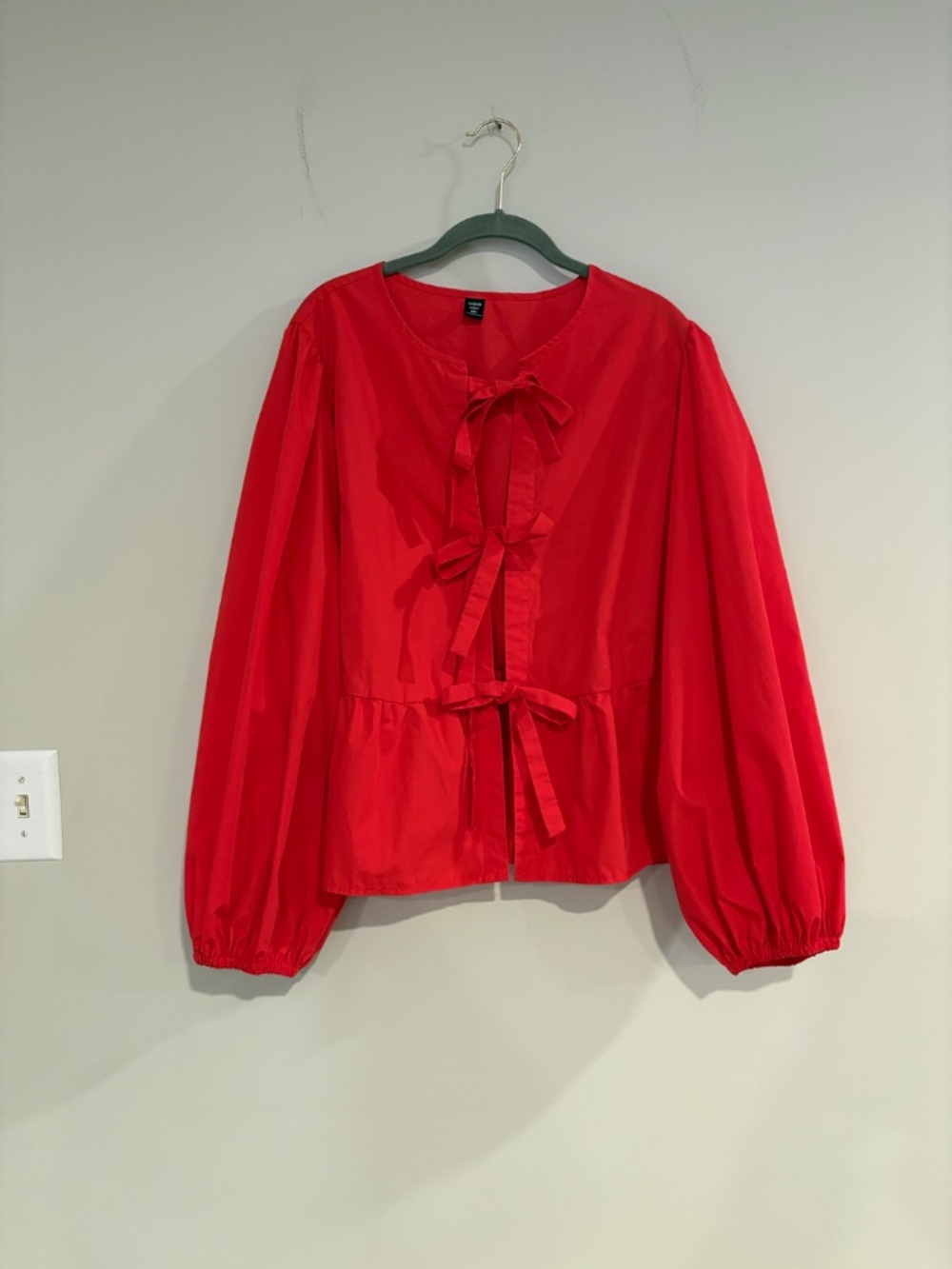 Bright Red Trendy Tie Front Blouse Bow Long Puff Sleeve